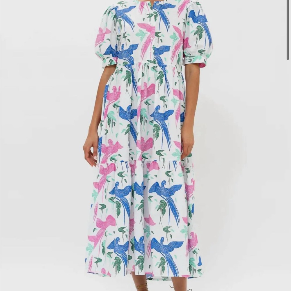 Oliphant Floral Button Cuff Sleeve Maxi Dress In Macaw Blue Print, medium EUC
